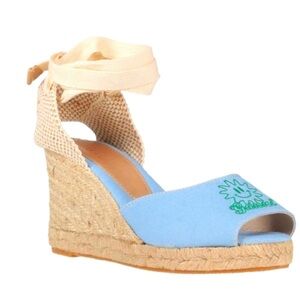 BNWT GANNI Wedge Canvas Cream Blue Platform Open Toe Espadrilles Wedge Sandals